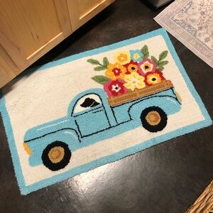 Adorable Hand Hooked Rug - Lab Driving Pickup With Flowers.